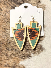 Load image into Gallery viewer, Wood Arrowhead Aztec Earrings – Turquoise &amp; Rust Western Boho Dangle Earrings
