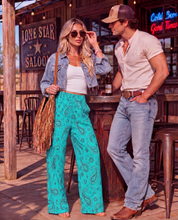 Load image into Gallery viewer, Baha Ranch Turquoise Paisley Bandana Wide Leg Pants
