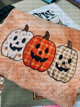 Load image into Gallery viewer, Faux patch stitched three pumpkins tee or sweatshirt
