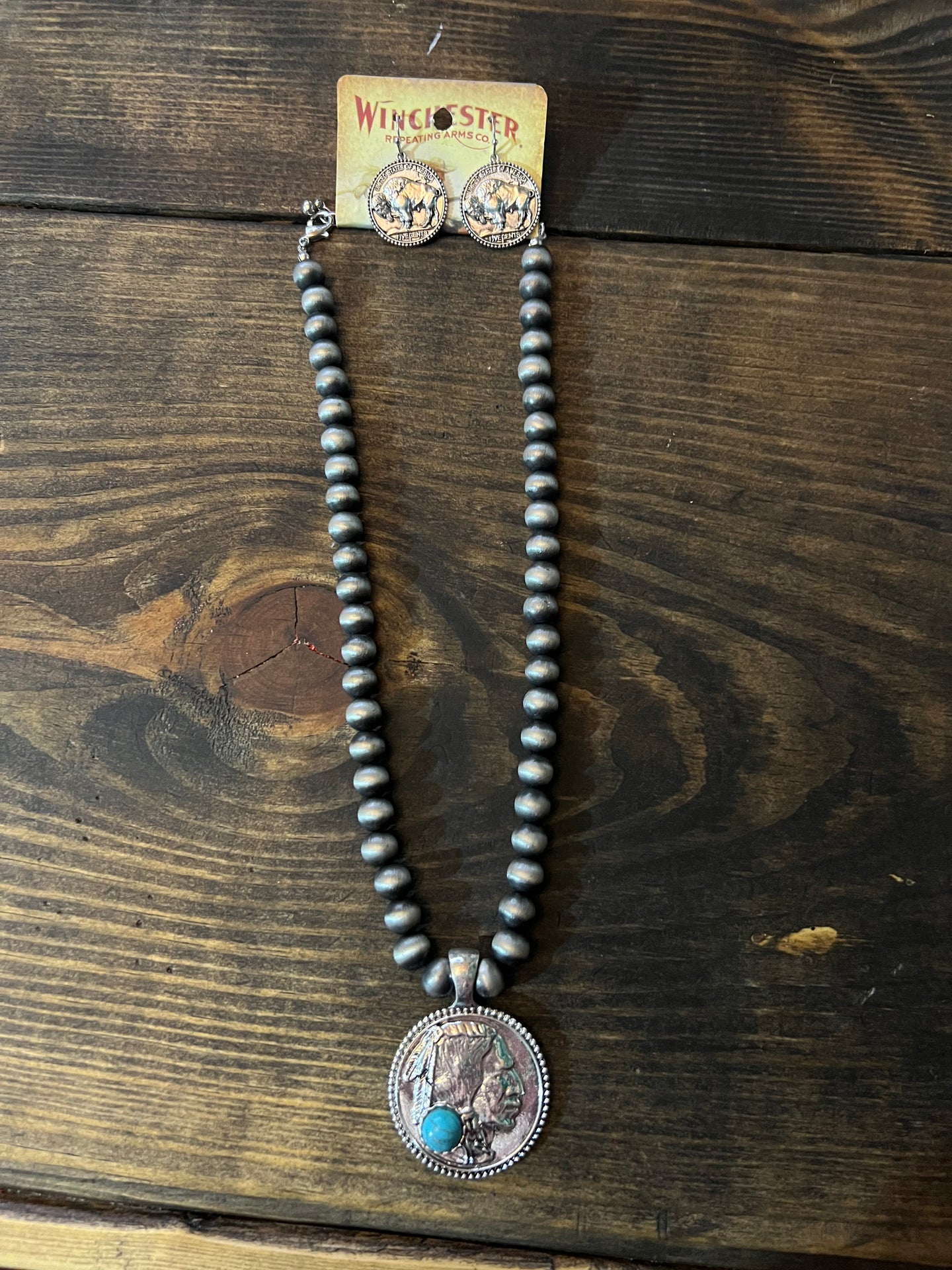 Navajo pearl indian buffalo reversable pendant Necklace set