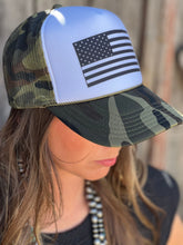 Load image into Gallery viewer, USA Flag on Camo Foam Trucker Cap
