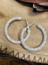 Load image into Gallery viewer, Clear Sparkle Medium Silver Hoops
