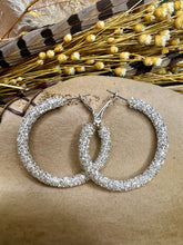 Load image into Gallery viewer, Clear Sparkle Medium Silver Hoops
