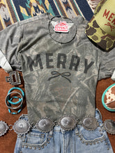 Load image into Gallery viewer, Tree Camo Merry Christmas Black Bow Graphic Tee
