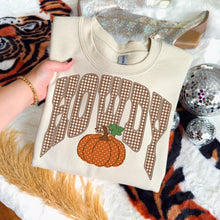Load image into Gallery viewer, Howdy Pumpkin Graphic Tee | Fall Western Shirt | Gingham Pumpkin Comfort Colors T-Shirt
