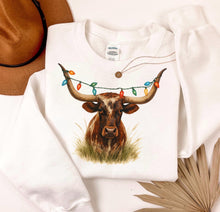 Load image into Gallery viewer, Longhorn Christmas Lights Western Cow Head Shirt – Graphic Tee, Long Sleeve &amp; Crewneck

