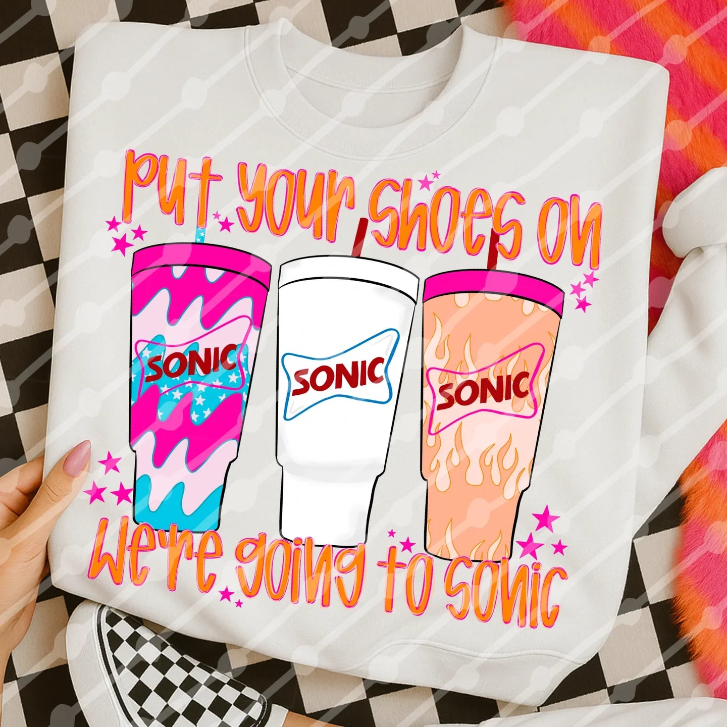 Put your shoes on we’re going to sonic tee or sweatshirt