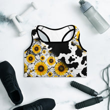 Load image into Gallery viewer, Cow Print Sunflower Sports Bra
