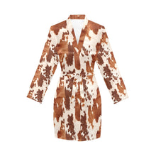 Load image into Gallery viewer, Light Brown Cow Print Women&#39;s Long Sleeve Belted Satin Feel Dressing Lounge Robe
