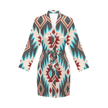 Load image into Gallery viewer, Turquoise Burgandy Aztec Women&#39;s Belted Satin Feel Dressing Lounge Robe
