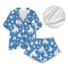 Load image into Gallery viewer, Blue Bronc Satin Ruffle Hem Pajama set
