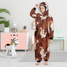 Load image into Gallery viewer, Big Kids Cow Print Pajama Hooded Onesie
