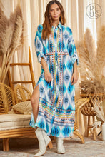 Load image into Gallery viewer, Blue Caracao Aztec Button Down Dress Duster Plus Size
