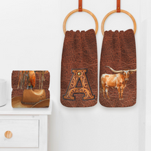 Load image into Gallery viewer, Monogrammed Initial Western Leather Look Saddle Longhorn Cowboy Cowgirl Kitchen Dish Towels Made in America
