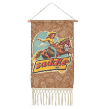 Load image into Gallery viewer, Saddle Up Western Wall Decor Linen Hanging Poster with Fringe Made in America
