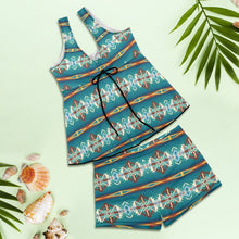 Load image into Gallery viewer, Teal Aztec Tankini &amp; Boy Shorts Swim Set
