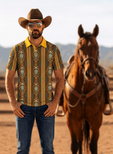 Load image into Gallery viewer, Baha Ranch Brown Gold Aztec Polo Shirt
