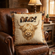 Load image into Gallery viewer, Baha Ranch Velvety Soft Howdy Highland Pillow Cover Made in America
