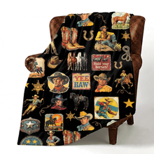 Load image into Gallery viewer, Baha Ranch Vintage Cowboy Collage Western Ultra Soft Minky Throw Blanket 60" x 80" Made in America
