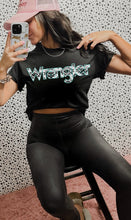 Load image into Gallery viewer, Wrangler Aztec Turquoise Graphic on Gildan Softstyle Black Shirt – Graphic Tee, Long Sleeve &amp; Crewneck.
