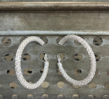 Load image into Gallery viewer, Clear Sparkle Medium Silver Hoops

