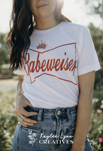 Load image into Gallery viewer, Babewiser Parody Logo Graphic on Gildan Softstyle White Shirt – Graphic Tee, Long Sleeve &amp; Crewneck.
