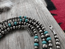 Load image into Gallery viewer, Long Silver Pearl and Turquoise Necklace
