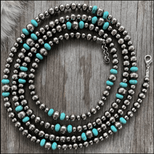 Load image into Gallery viewer, Long Silver Pearl and Turquoise Necklace
