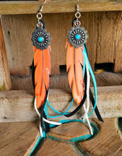 Load image into Gallery viewer, 3D Print Feather Concho Leather Fringe Boho Earrings Made in America
