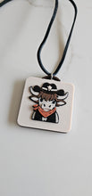 Load image into Gallery viewer, 3D Print Cowboy Highland Cow Picture Necklace, Keychain or Purse Charm on Suede Leather Western Made in America
