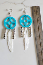 Load image into Gallery viewer, 3D print Lightweight Turquoise New Mexico Zia Feather Dream Catcher Earrings Made in America
