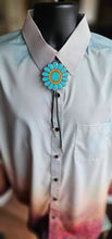 Load image into Gallery viewer, Baha Ranch Turquoise Gold Concho 3D Inlay Bolo Made in America

