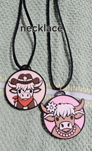 Load image into Gallery viewer, 3d Western Cowgirl Cowboy Highland Cow Theme - Necklace, Purse Charm, Earrings, Keychain, Magnet
