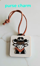 Load image into Gallery viewer, 3D Print Cowboy Highland Cow Picture Necklace, Keychain or Purse Charm on Suede Leather Western Made in America
