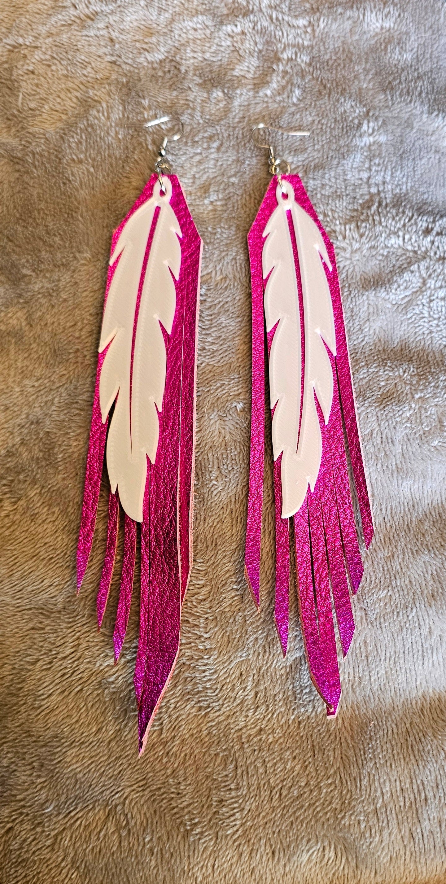 3D Printed Feather Leather Fringe Earrings Made in America