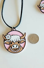 Load image into Gallery viewer, 3D Print Cowgirl Highland Cow Picture Necklace or Earrings Western Made in America
