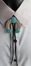 Load image into Gallery viewer, Baha Ranch Silver Gold Turquoise Naja 3D Inlay Bolo Made in America
