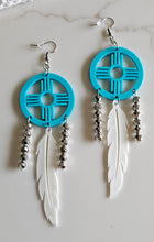 Load image into Gallery viewer, 3D print Lightweight Turquoise New Mexico Zia Feather Dream Catcher Earrings Made in America
