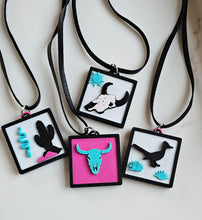 Load image into Gallery viewer, 3D Print Picture Necklace on Deerskin Leather Western Bull Skull Desert Cactus Made in America
