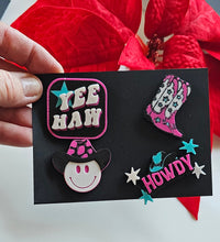 Load image into Gallery viewer, Set of 4 3D Print Western Cowboy Yeehaw Howdy Hat Pins Made in America choice of colors
