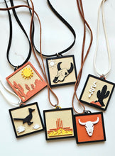 Load image into Gallery viewer, 3D Print Picture Necklace on Deerskin Leather Western Bull Skull Desert Cactus Made in America
