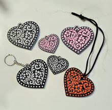 Load image into Gallery viewer, 3d Printed Tooled Cowboy Cowgirl Heart  Keychain or Purse Charm
