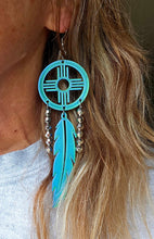 Load image into Gallery viewer, 3D print Lightweight Green New Mexico Zia Feather Dream Catcher Earrings Made in America
