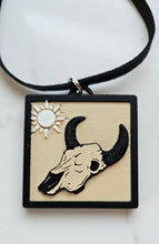 Load image into Gallery viewer, 3D Print Picture Necklace on Deerskin Leather Western Bull Skull Desert Cactus Made in America
