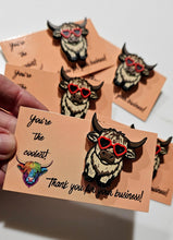Load image into Gallery viewer, Bag of 25 -Boutique 3d Printed Package Inserts Cool Highland Cow Hat Pin Made in America
