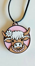 Load image into Gallery viewer, 3D Print Cowgirl Highland Cow Picture Necklace or Earrings Western Made in America

