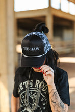 Load image into Gallery viewer, Yee Haw Black Cow Mesh Trucker Hat
