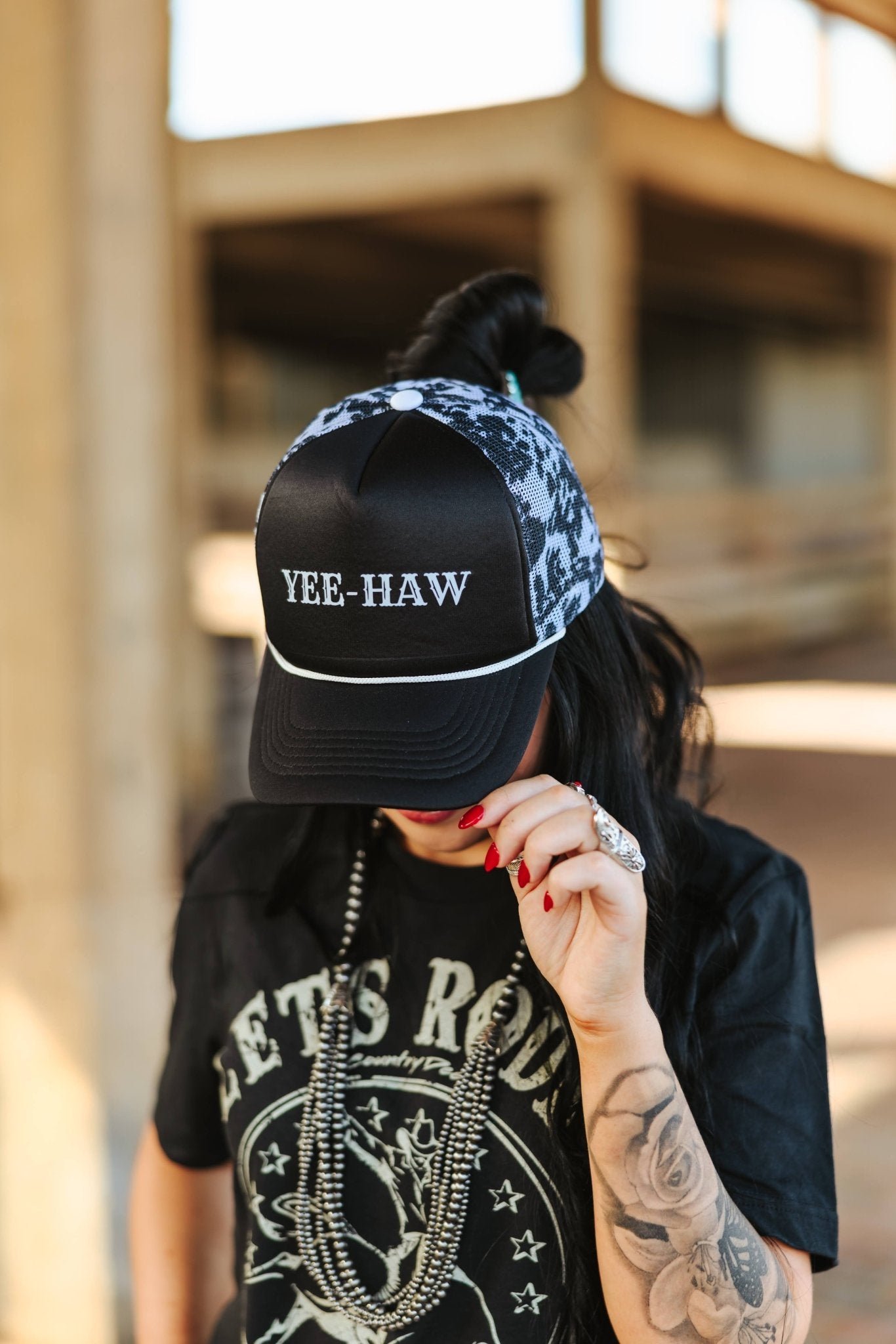 Yee Haw Black Cow Mesh Trucker Hat