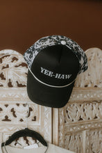 Load image into Gallery viewer, Yee Haw Black Cow Mesh Trucker Hat
