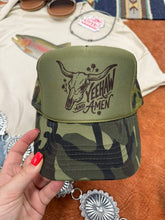 Load image into Gallery viewer, Yeehaw and Amen Longhorn Camo Trucker Hat
